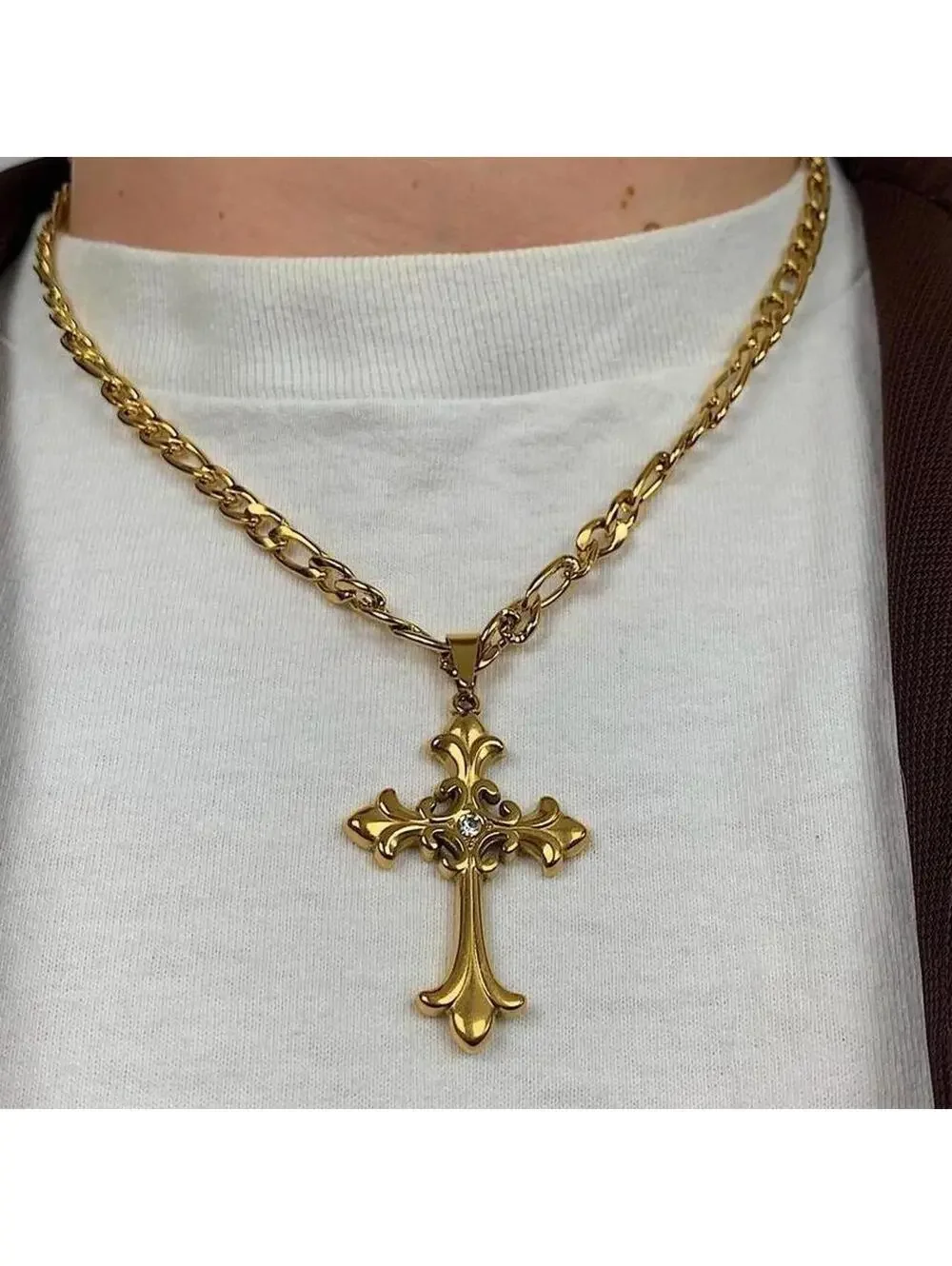 Y2K Gold Stainless Steel Cross Pendant Stone Necklace 20 Inch Unisex
